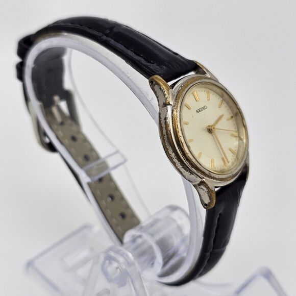 Seiko Women's Watch 24MM Gold Dial Gray Gold Case Black Leather Band New Battery - Picture 4 of 14